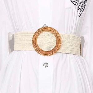 Women’s Elastic Stretch Waist Band Straw Woven Rattan Wood Buckle Belt